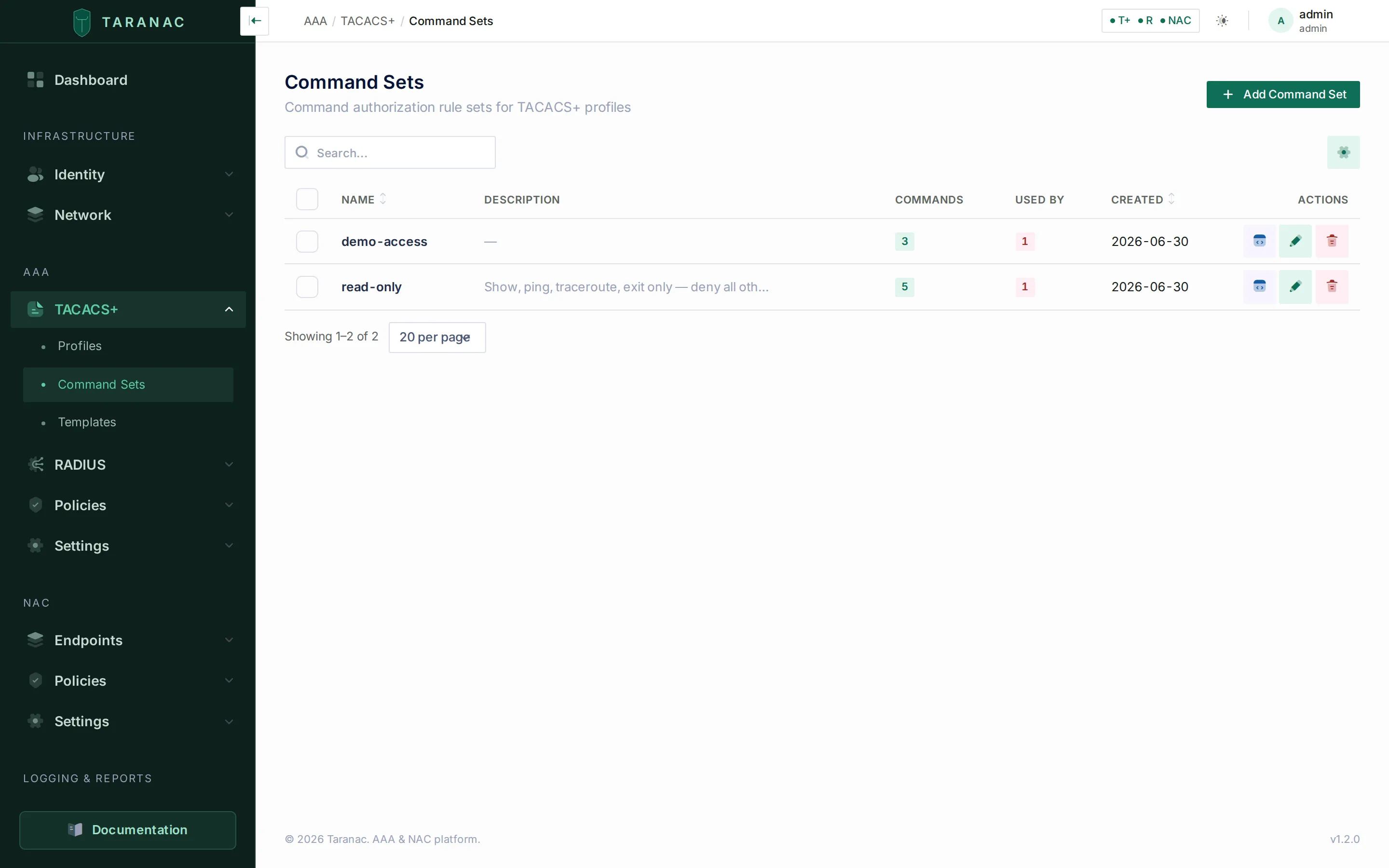 TACACS+ command sets in the Taranac admin UI