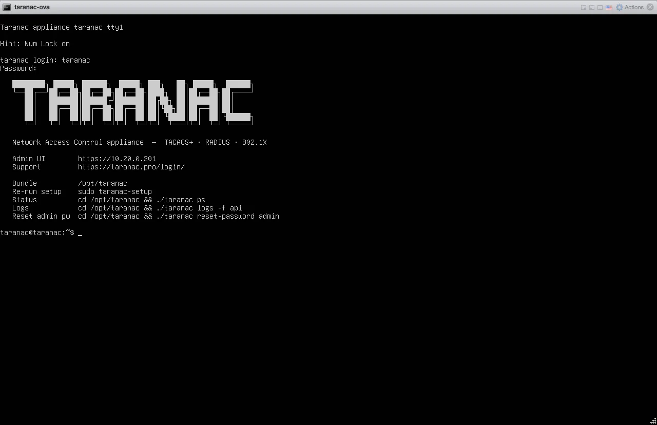 Console banner after logging in, listing the admin URL and common commands
