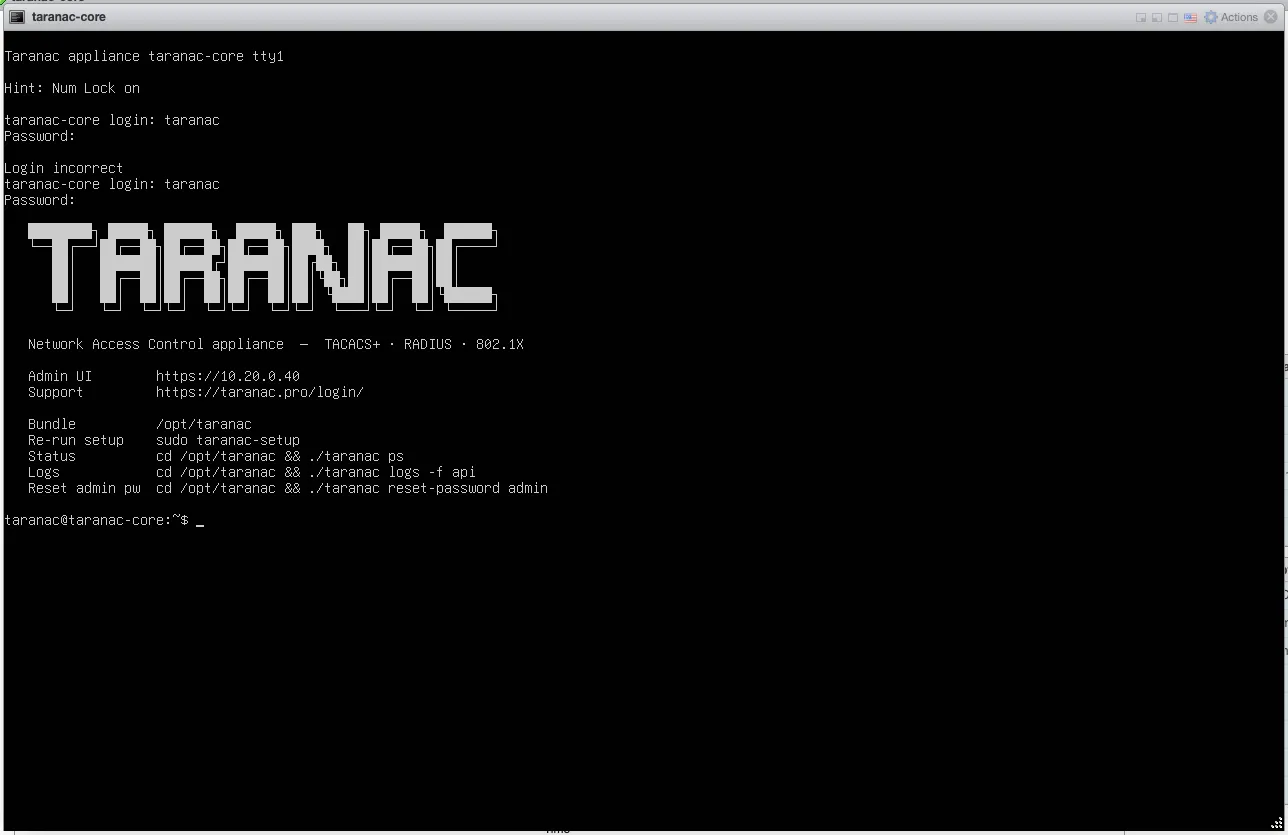 Console banner after logging in, listing the admin URL and common commands