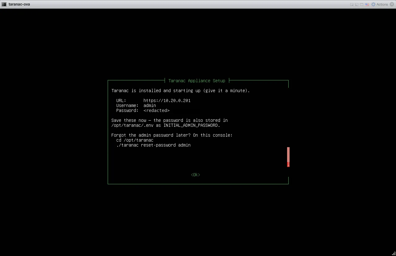 Final wizard screen showing the admin URL, username and generated password