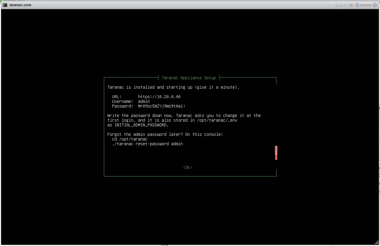 Final wizard screen showing the admin URL, username and generated password