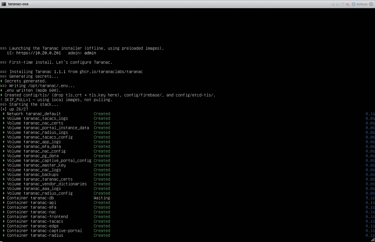 Installer log showing the container stack coming up