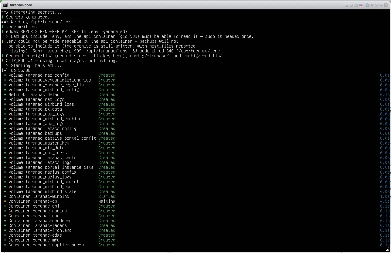 Installer log showing the container stack coming up