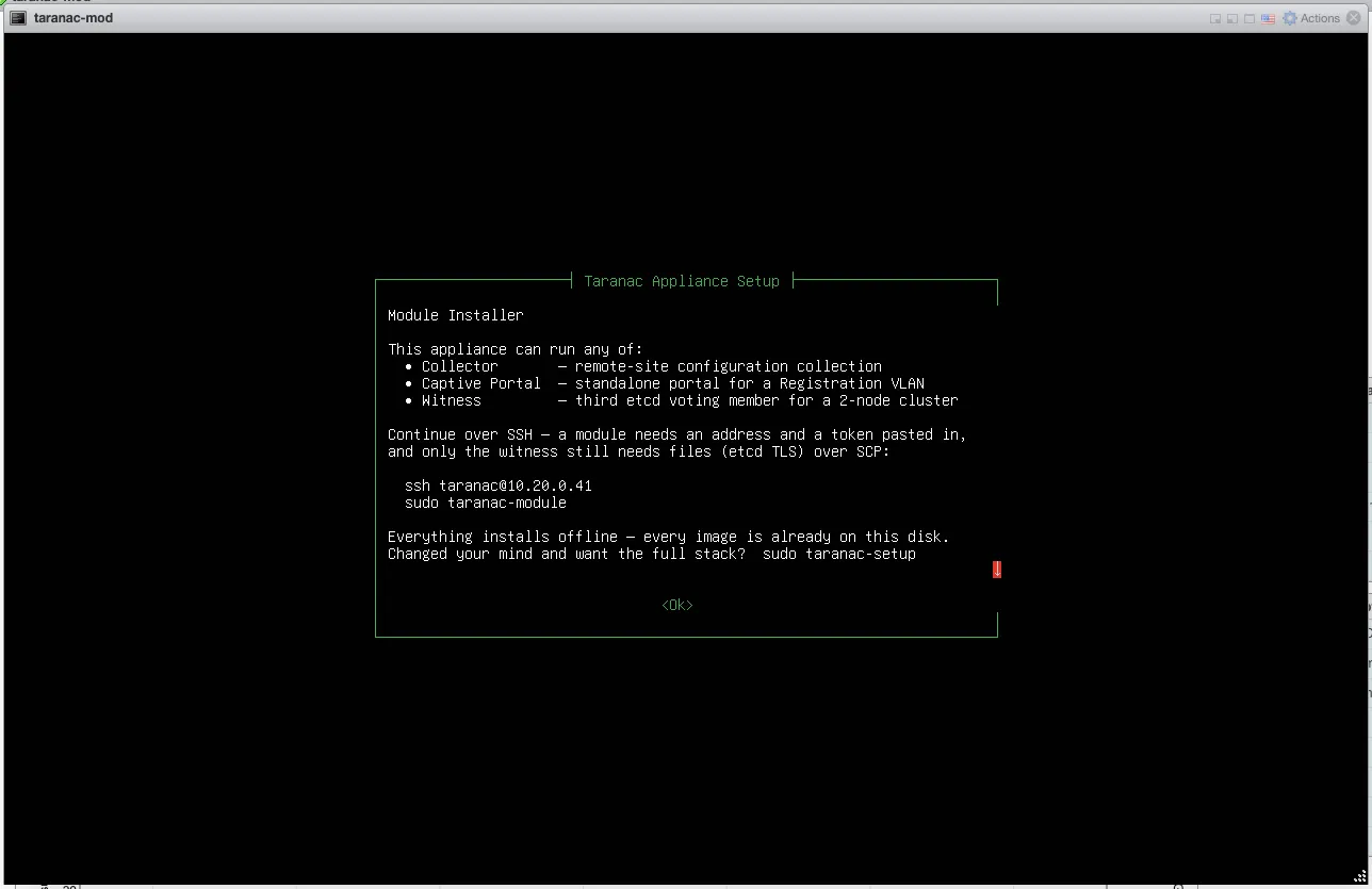 Module Installer hand-off screen with the ssh address and the taranac-module command