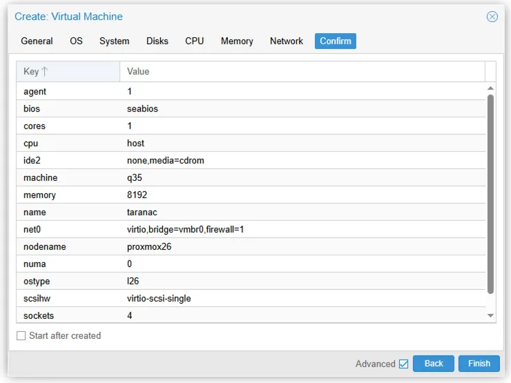 Proxmox create-VM wizard, Confirm tab summary