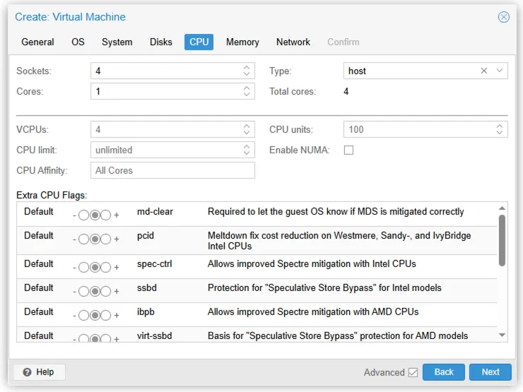 Proxmox create-VM wizard, CPU tab with type host