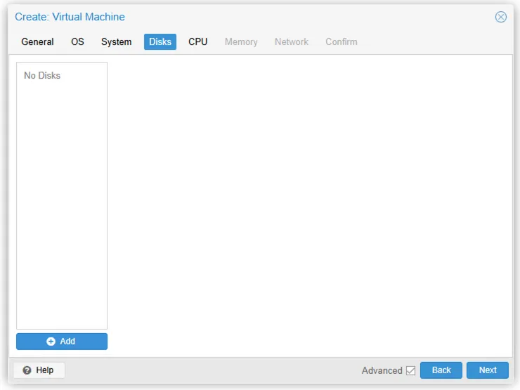 Proxmox create-VM wizard, Disks tab with no disks