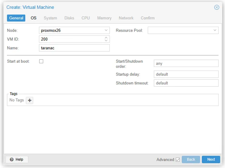 Proxmox create-VM wizard, General tab