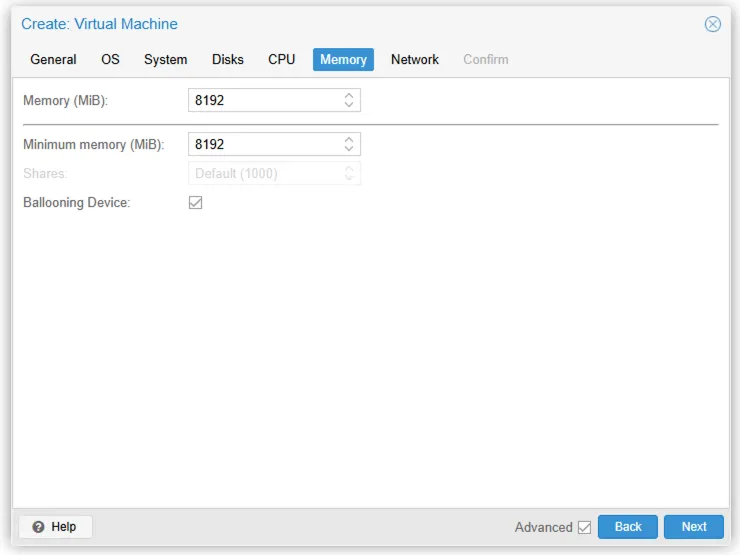 Proxmox create-VM wizard, Memory tab set to 8192 MiB