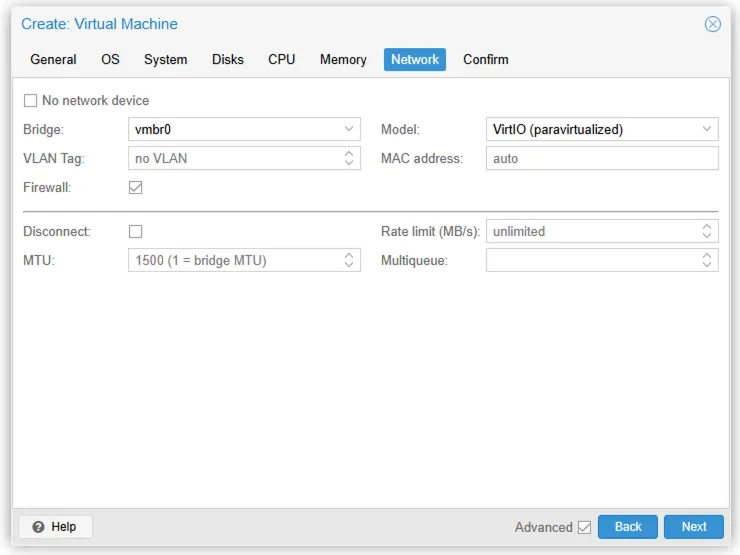 Proxmox create-VM wizard, Network tab with VirtIO on vmbr0