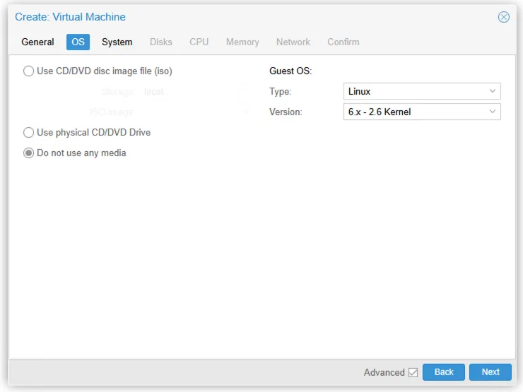 Proxmox create-VM wizard, OS tab with "Do not use any media" selected