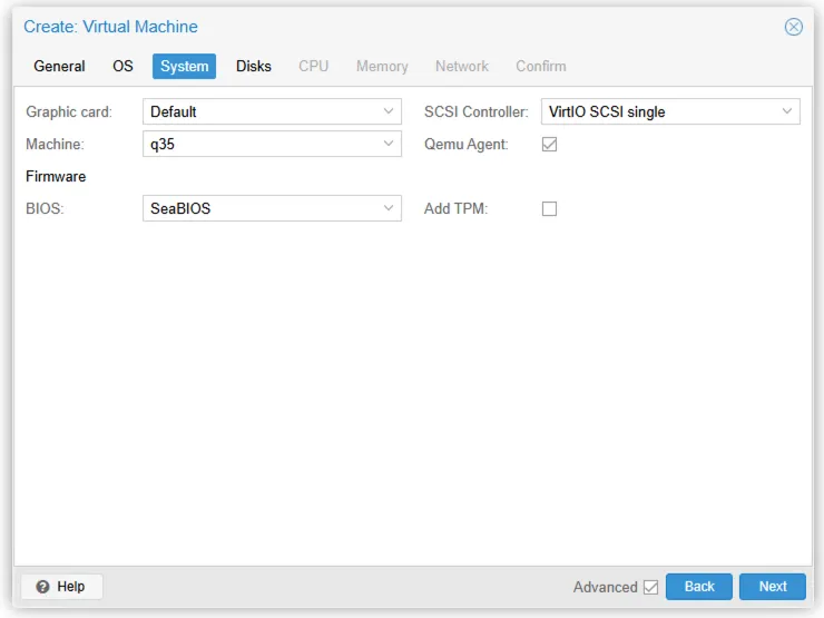 Proxmox create-VM wizard, System tab with SeaBIOS and VirtIO SCSI single