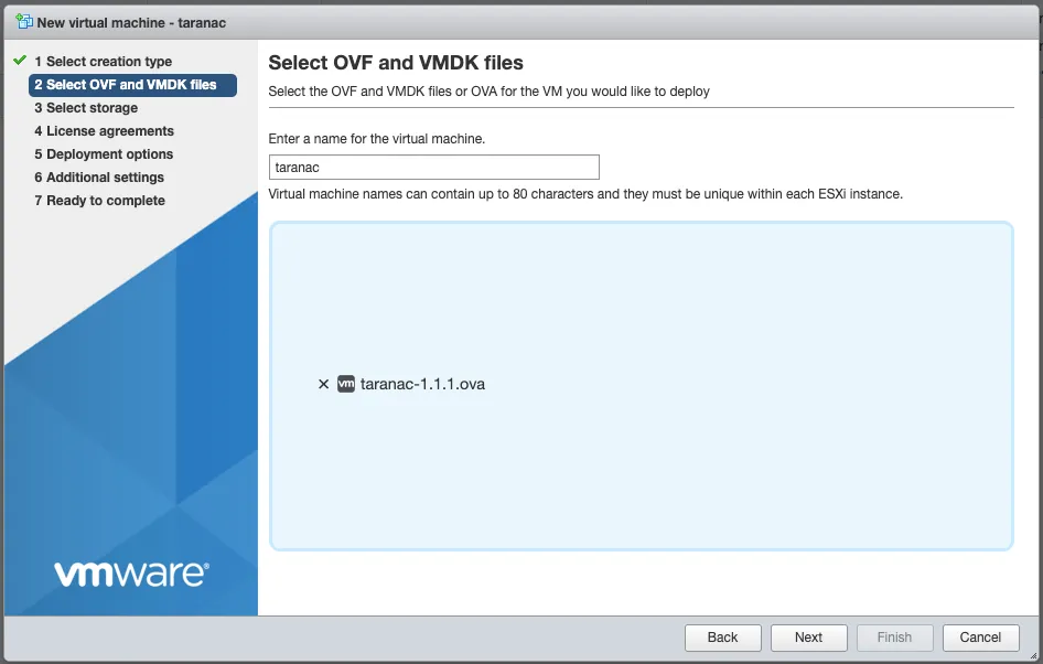 ESXi wizard, "Select OVF and VMDK files" step with taranac-1.1.1.ova selected