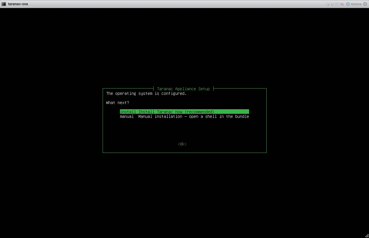 Wizard offering "Install Taranac now" or "Manual installation"