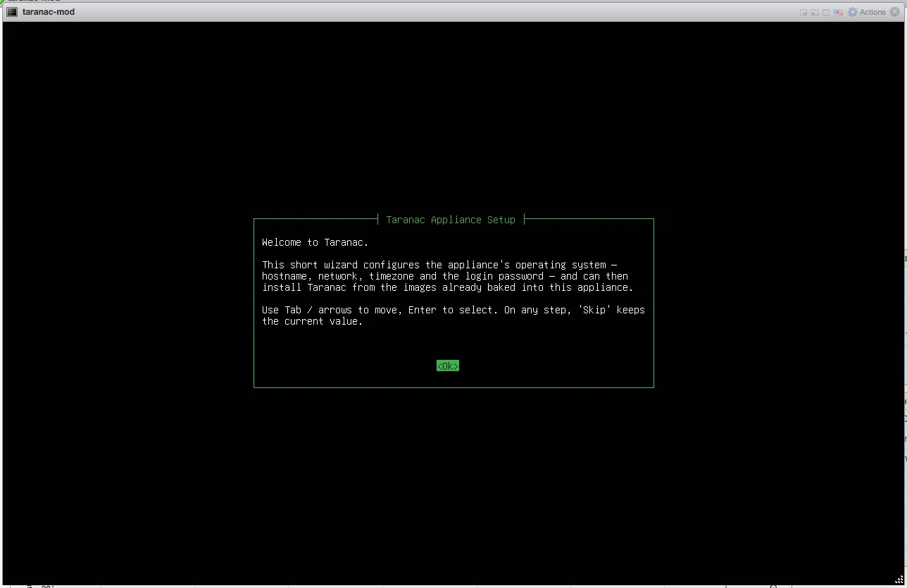 Taranac appliance setup wizard, welcome screen