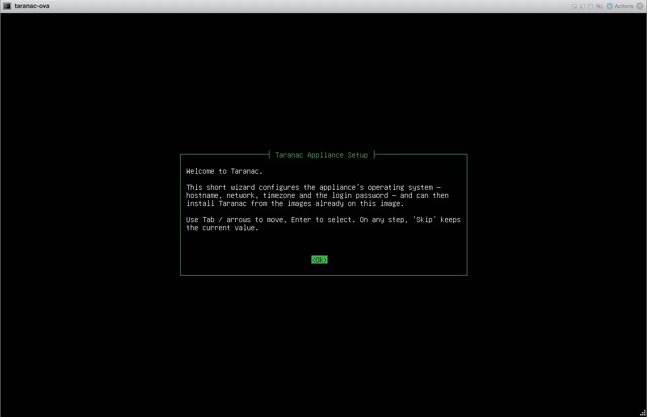 Taranac appliance setup wizard, welcome screen