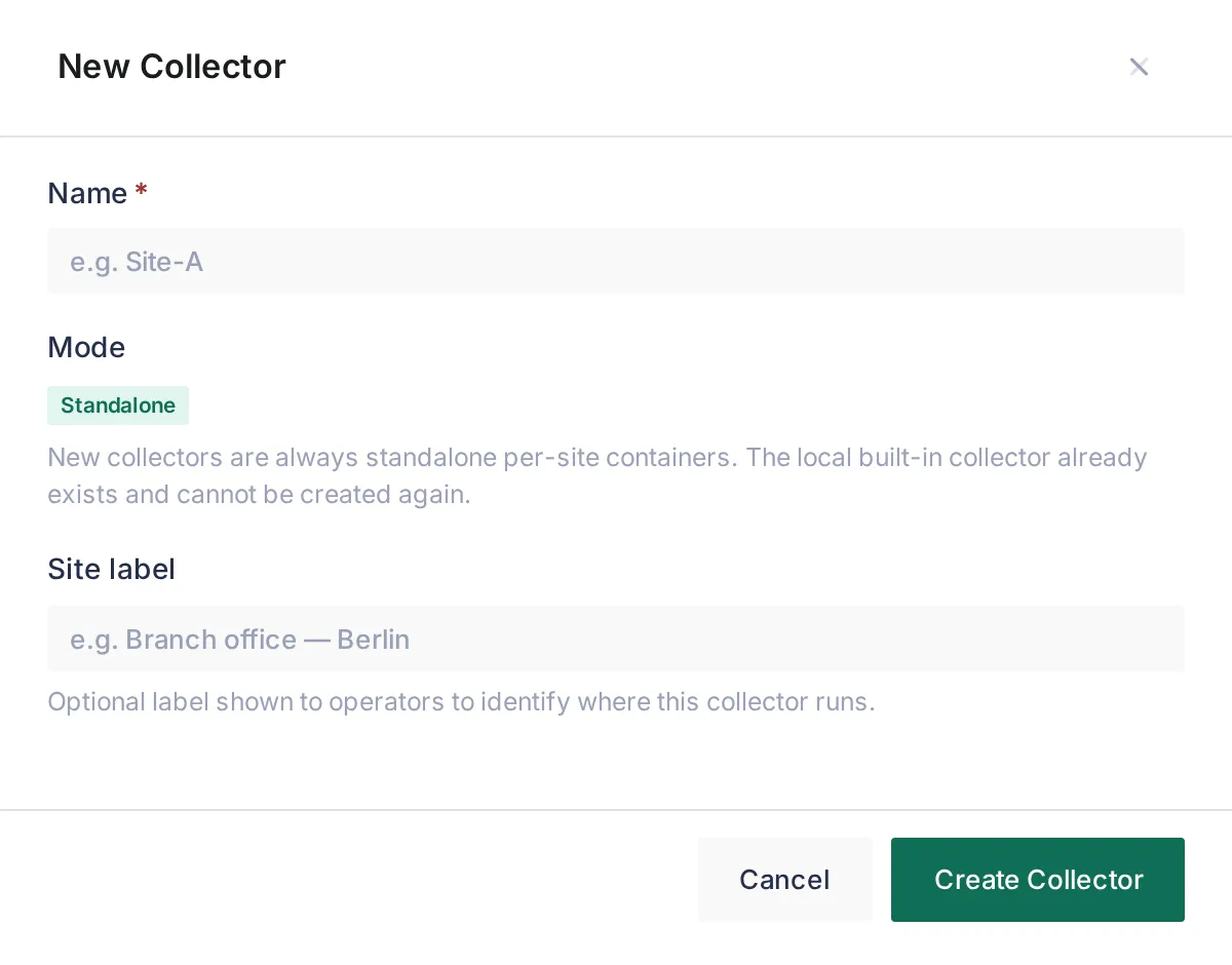 The New Collector drawer: Name, the Standalone mode badge, and an optional Site label
