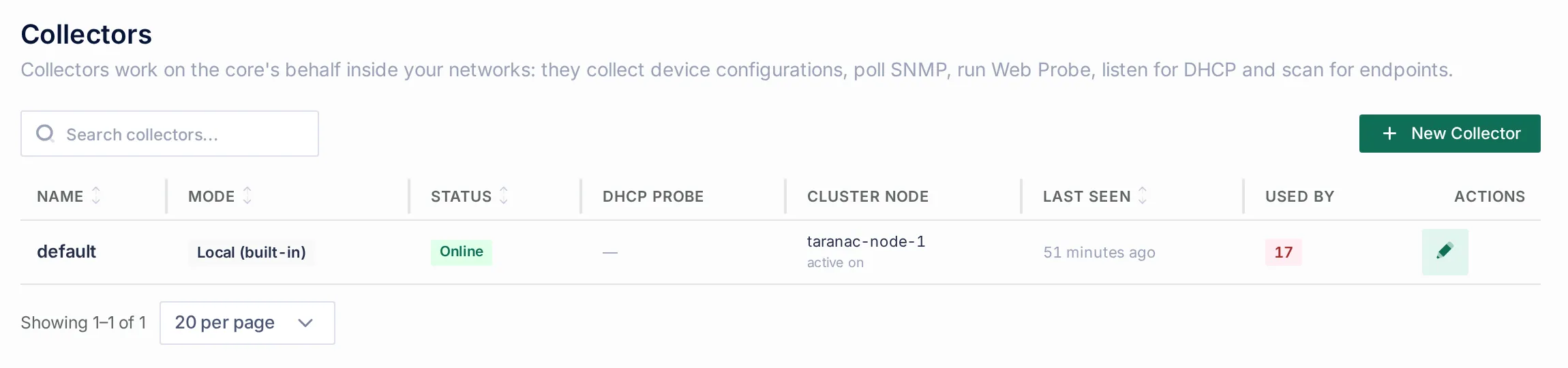 The Collectors list under Settings → System, with the built-in default collector online