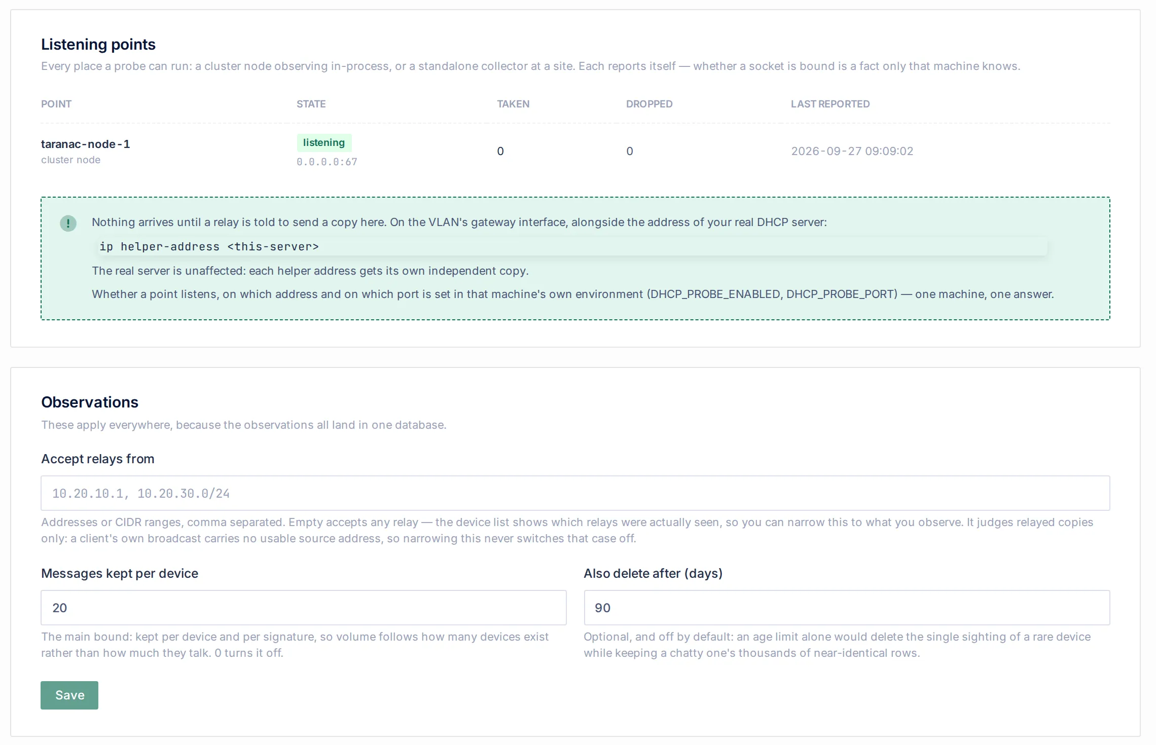 The DHCP Probe Settings tab: the Listening points table with one cluster node listening on 0.0.0.0, a hint with the ip helper-address line, and the Observations section with Accept relays from, Messages kept per device (20) and Also delete after (90 days)
