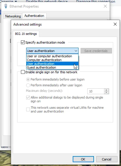 Advanced settings with the authentication mode list open and single sign-on unchecked