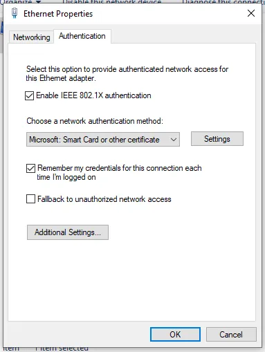 Ethernet Properties with Smart Card or other certificate selected as the 802.1X method