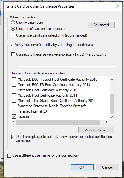 Smart Card or other Certificate Properties with server validation on and the issuing CA trusted