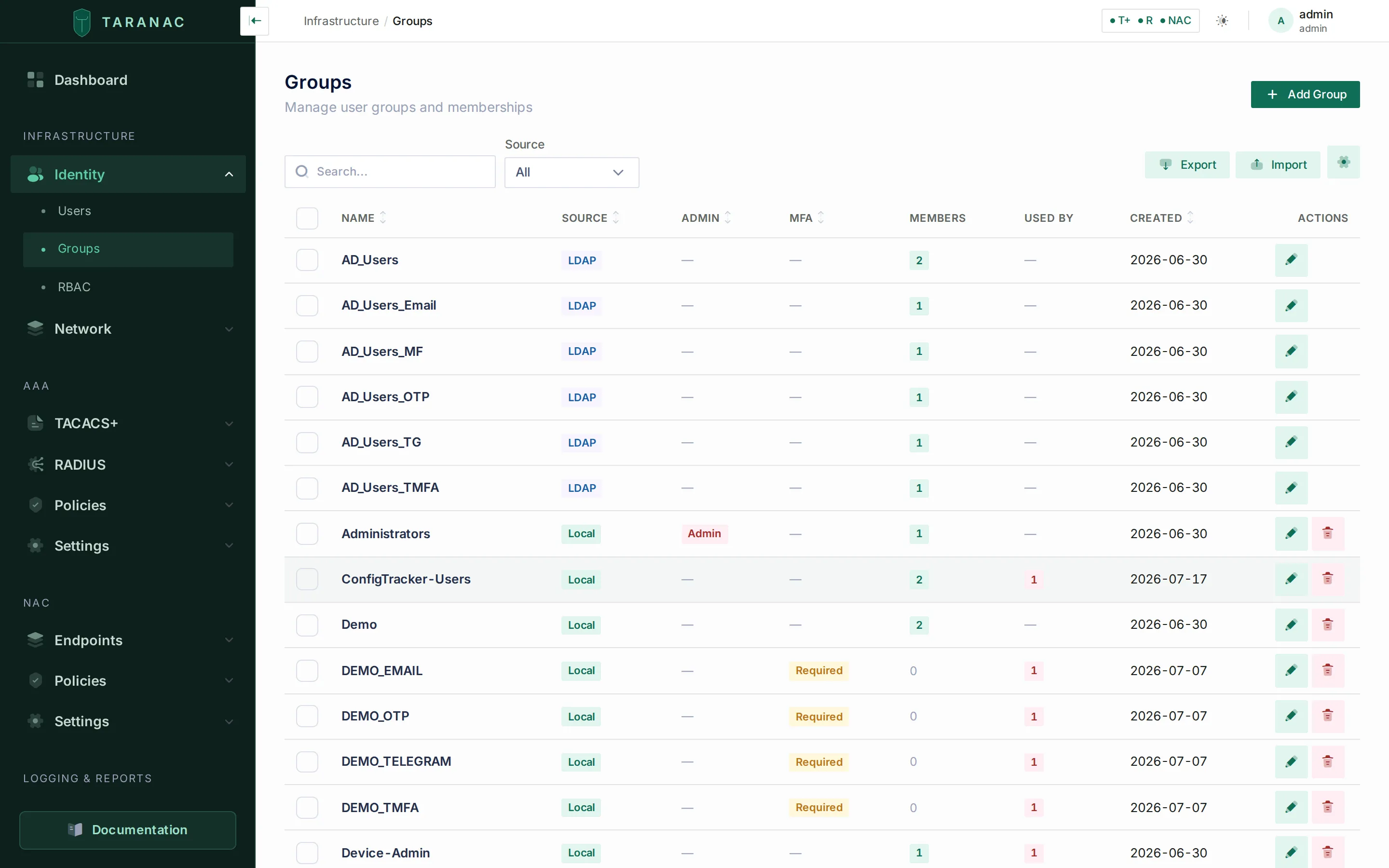 Groups list in the Taranac admin UI