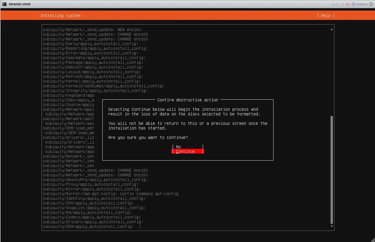 Ubuntu installer, "Confirm destructive action" dialog