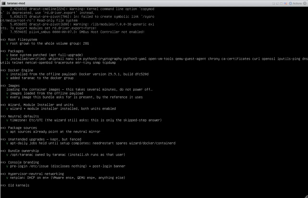 Console during the first boot: root filesystem grown, packages installed, Docker installed from the offline payload, container images loading