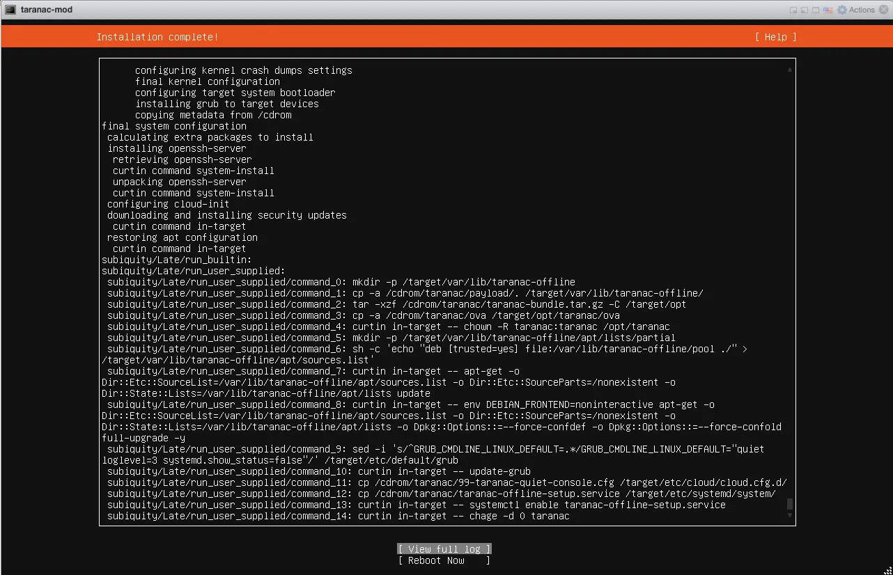 Ubuntu installer, "Installation complete!" with the Taranac late commands in the log