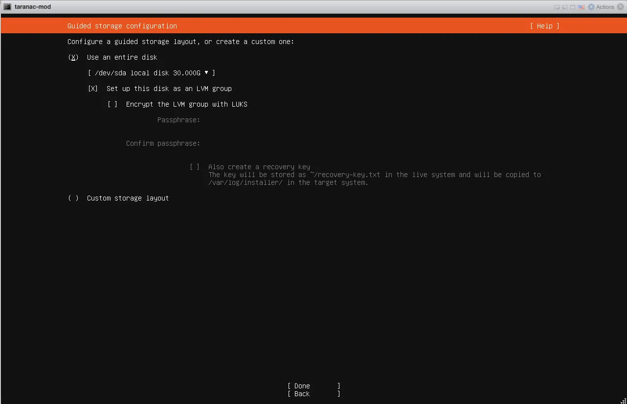 Ubuntu installer, guided storage configuration with "Use an entire disk" selected
