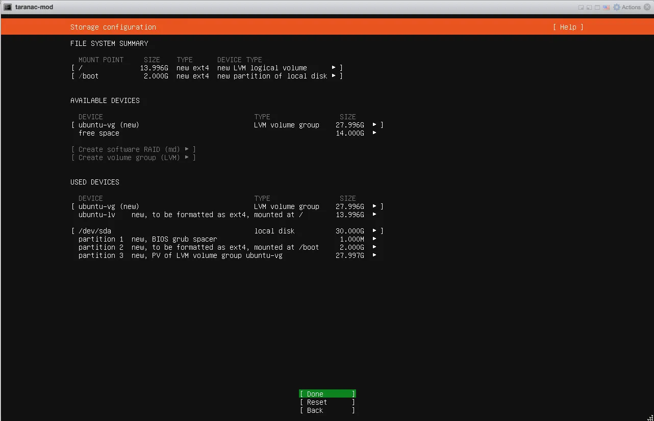 Ubuntu installer, storage summary with the root logical volume at half of the volume group