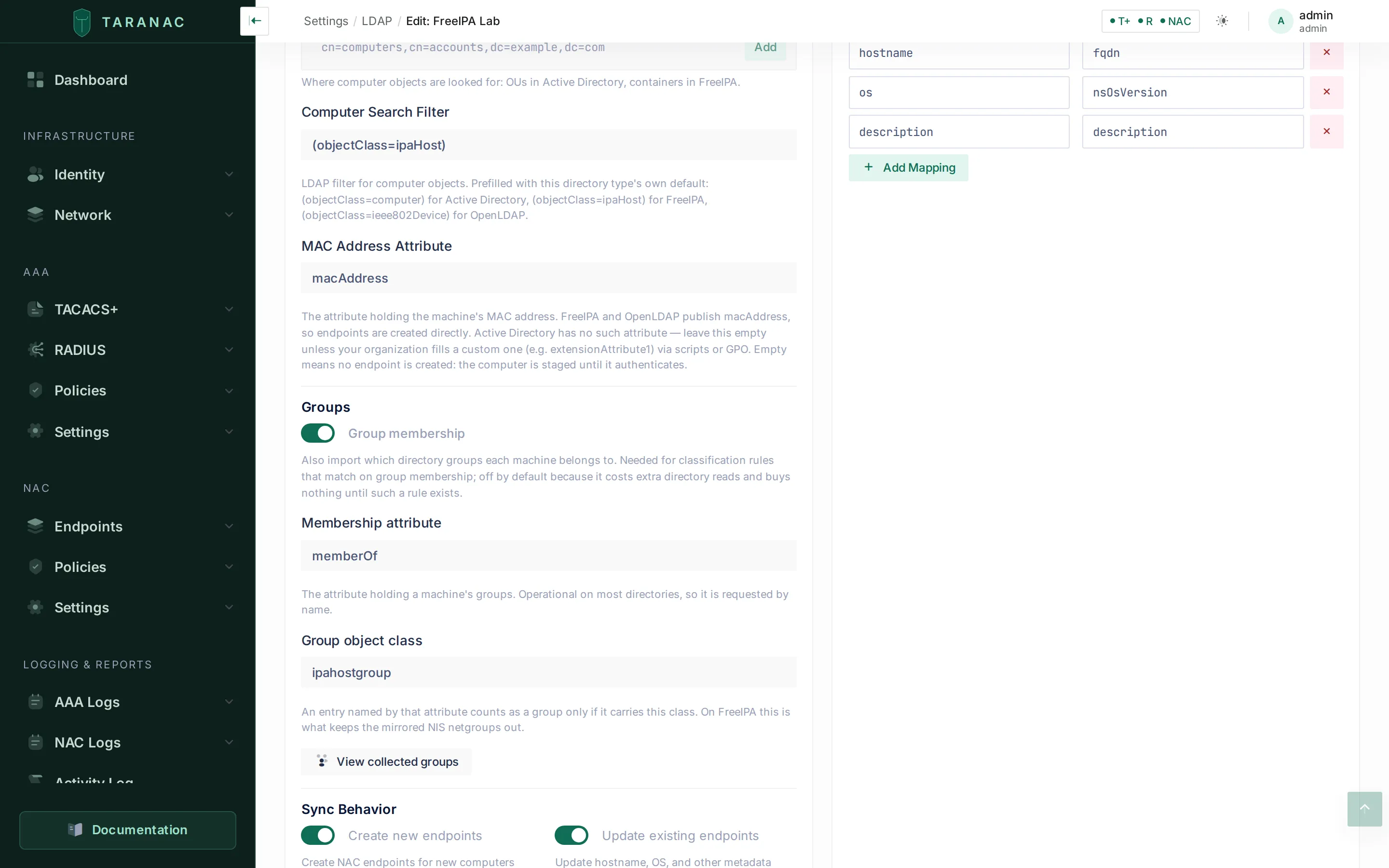 The Groups block of the Computers tab: a Group membership toggle, memberOf as the membership attribute, ipahostgroup as the group class, and a View collected groups button