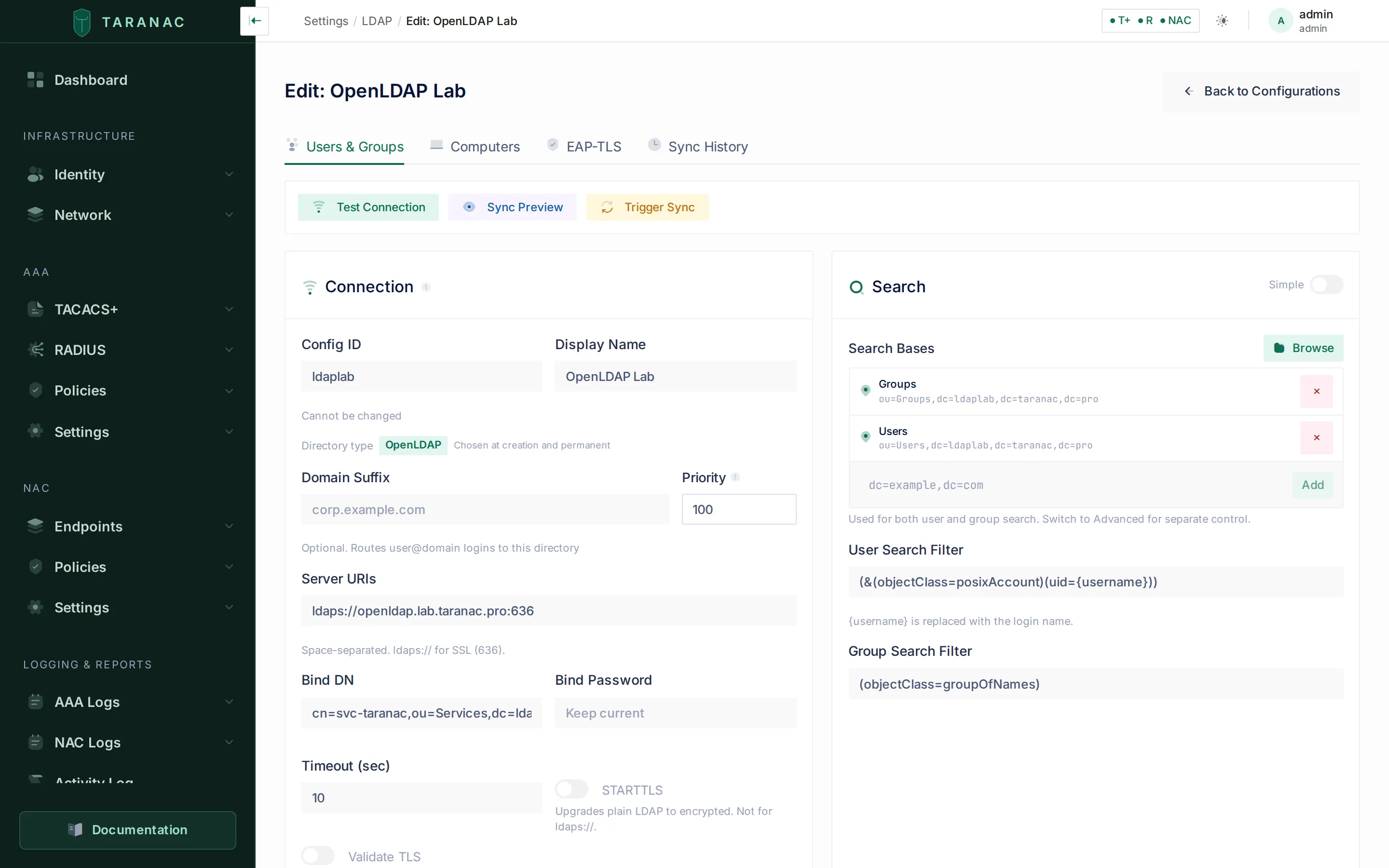 An OpenLDAP connection in Taranac