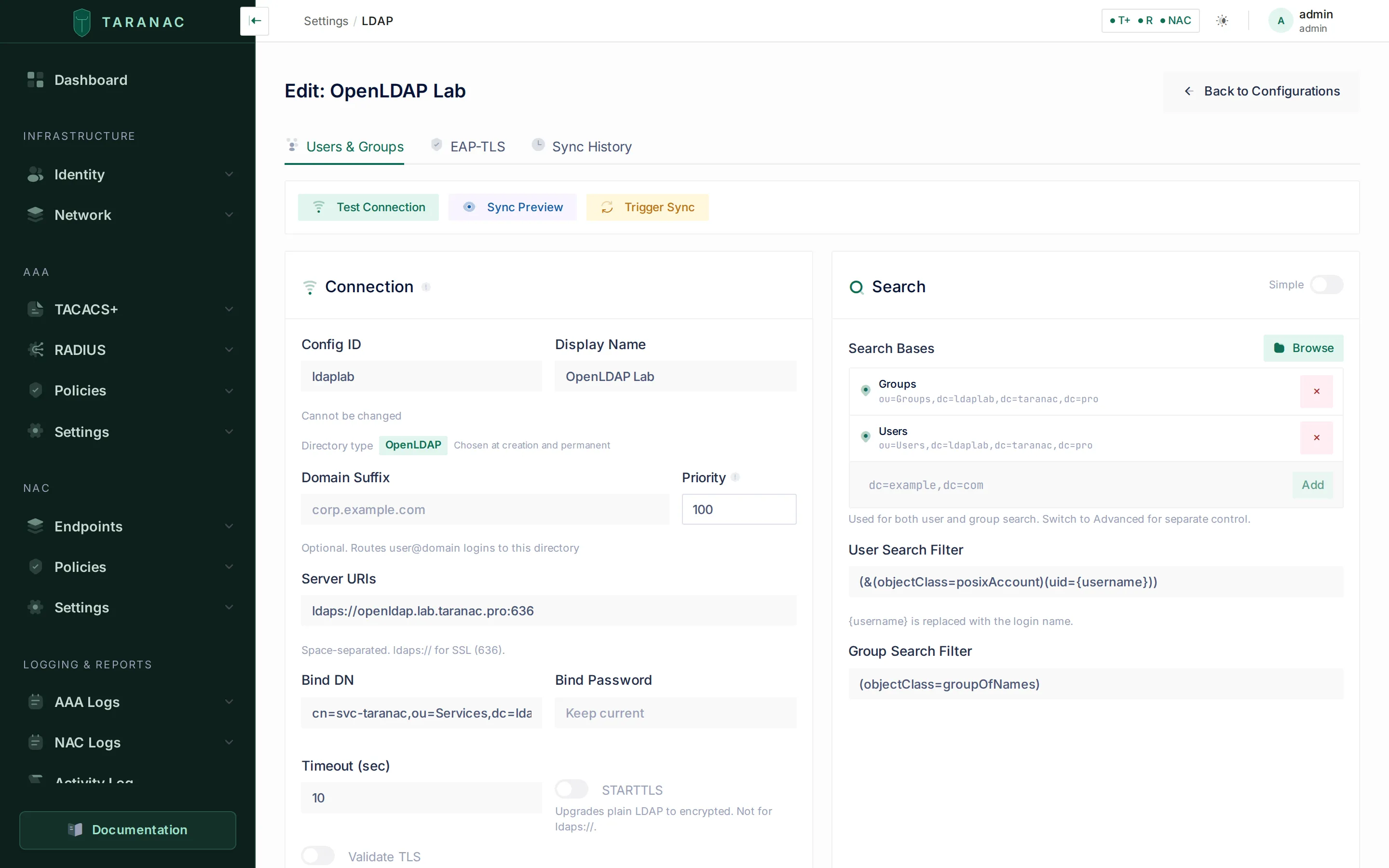 An OpenLDAP connection in Taranac