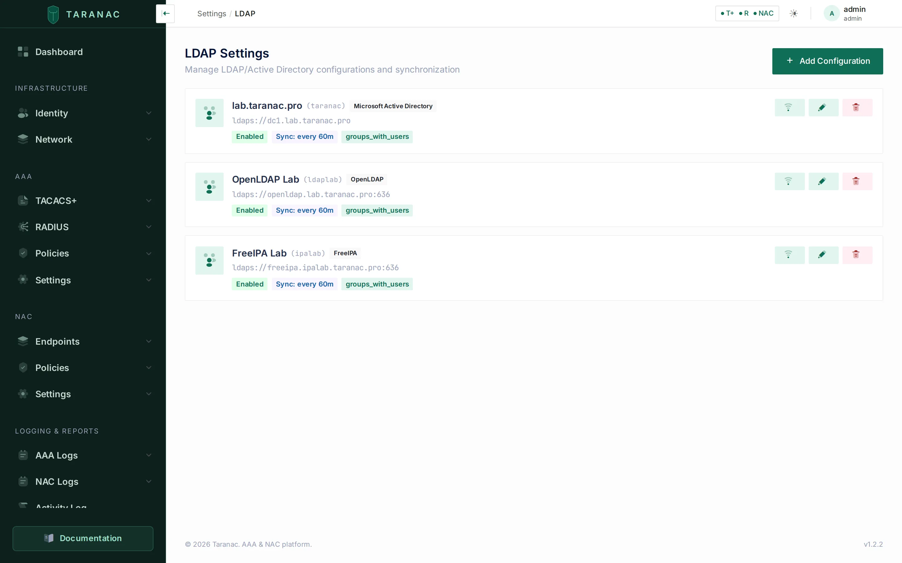 LDAP settings: the directories Taranac binds against to verify EAP-TTLS passwords.
