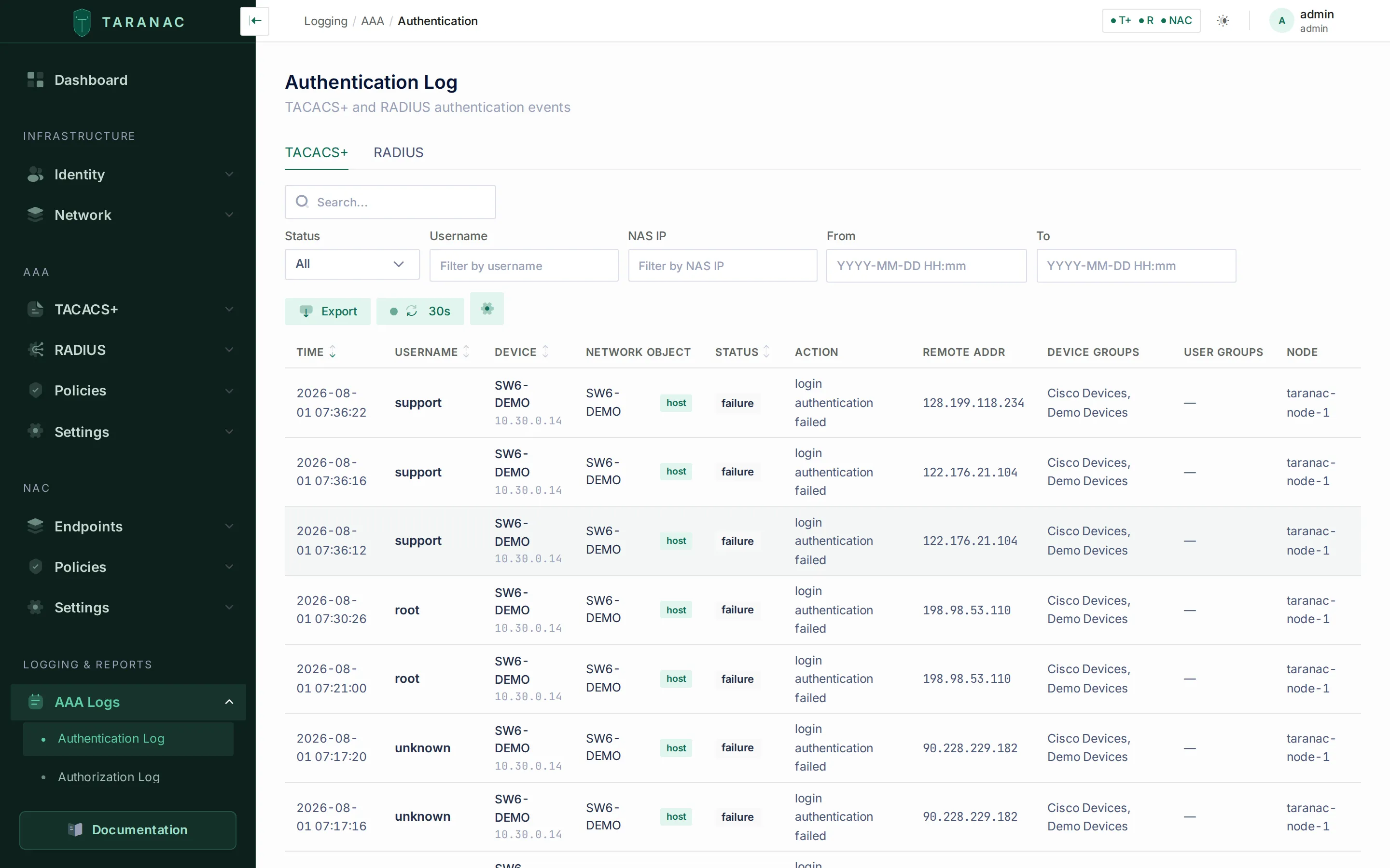 TACACS+ authentication log in the Taranac admin UI
