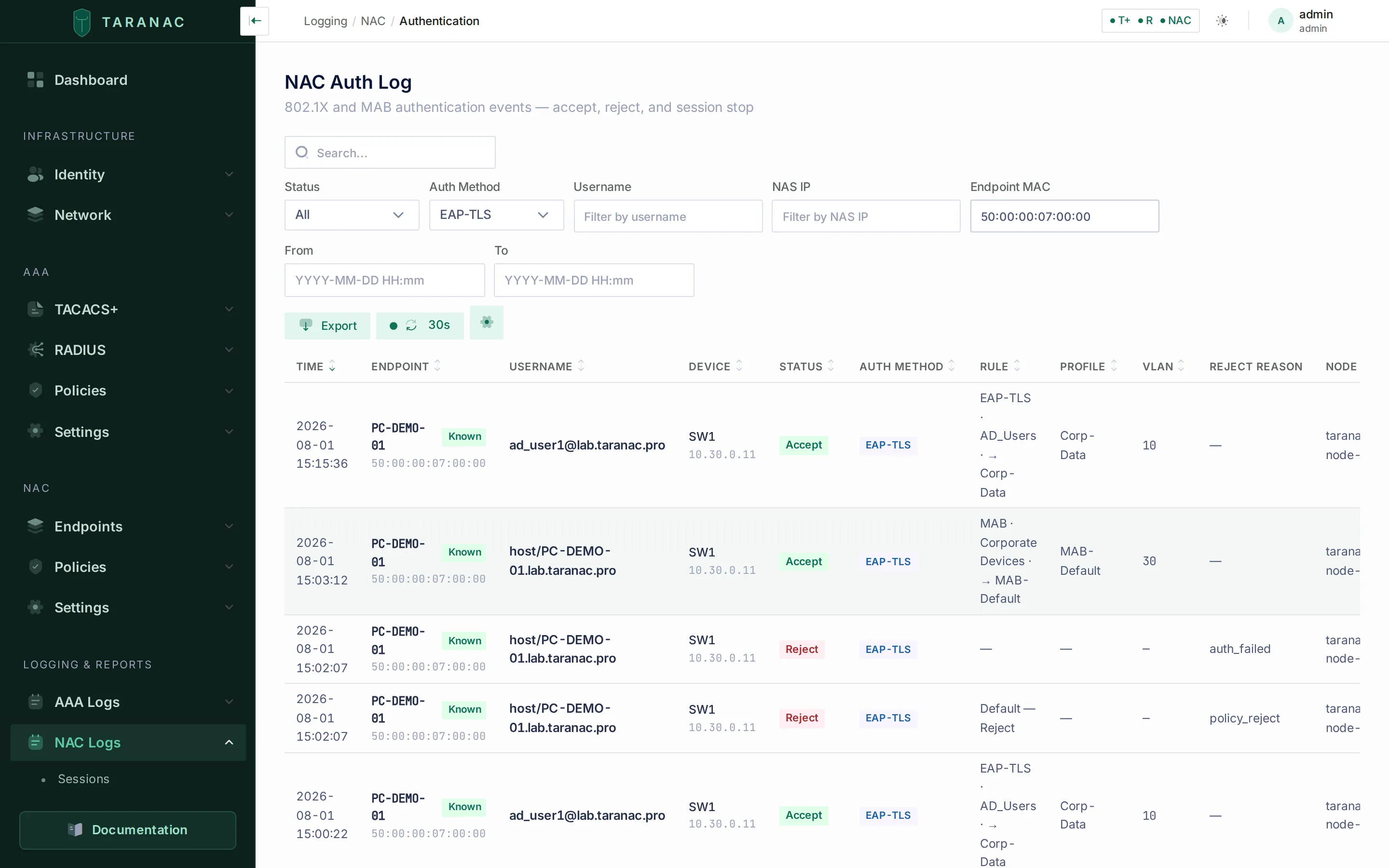 NAC Auth Log filtered to EAP-TLS, showing machine-phase and user-phase events on one port