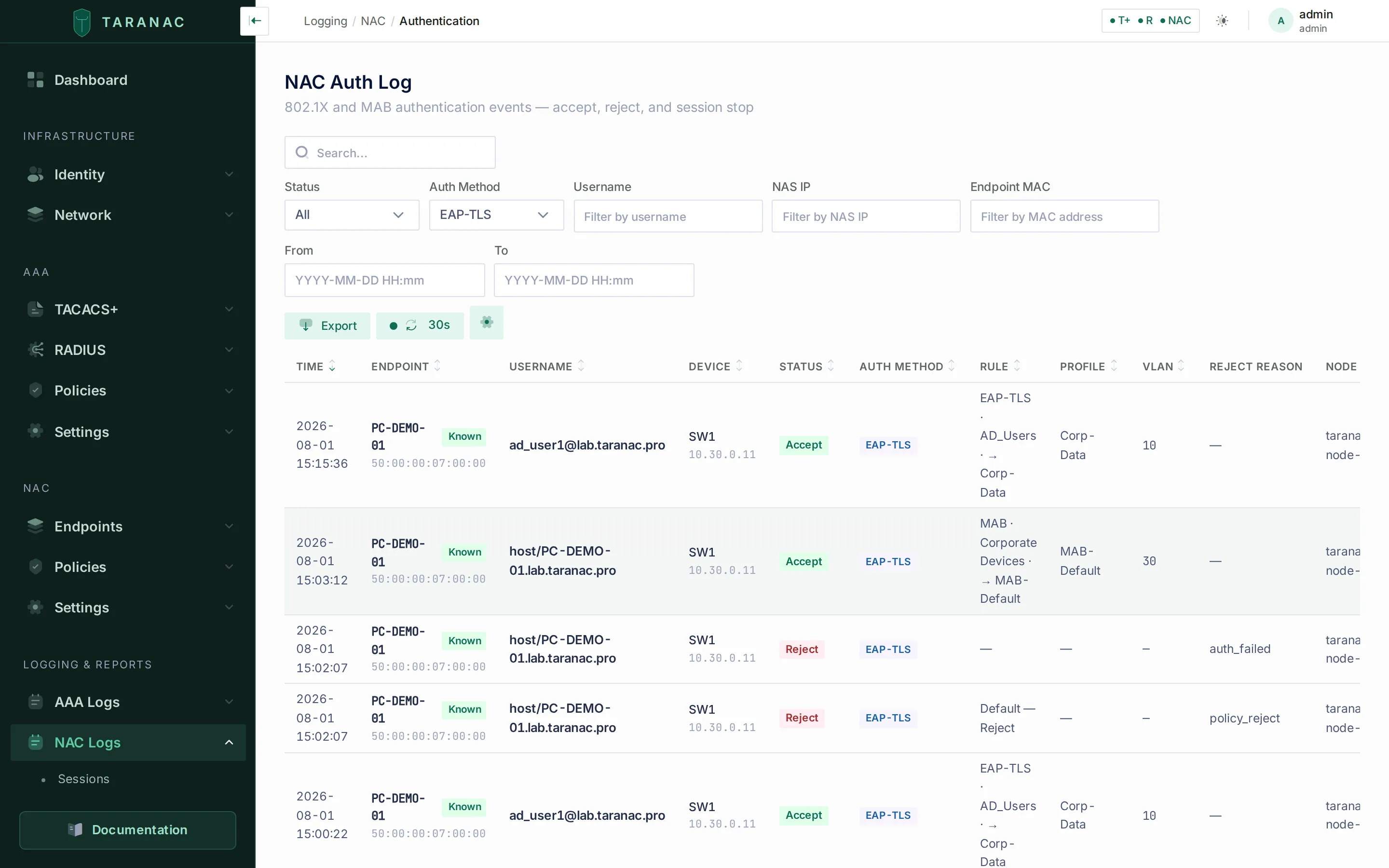 NAC Auth Log filtered to EAP-TLS