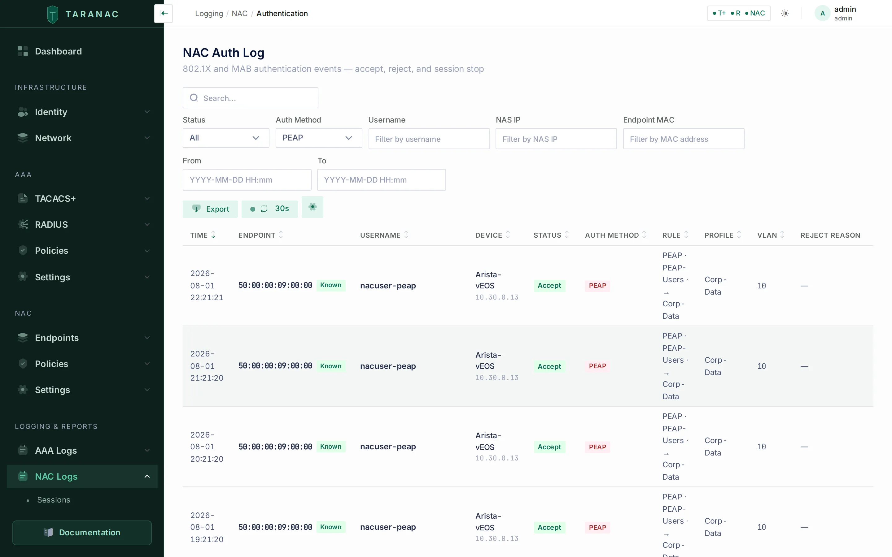 NAC Auth Log filtered to PEAP, showing accepts on two different switch platforms
