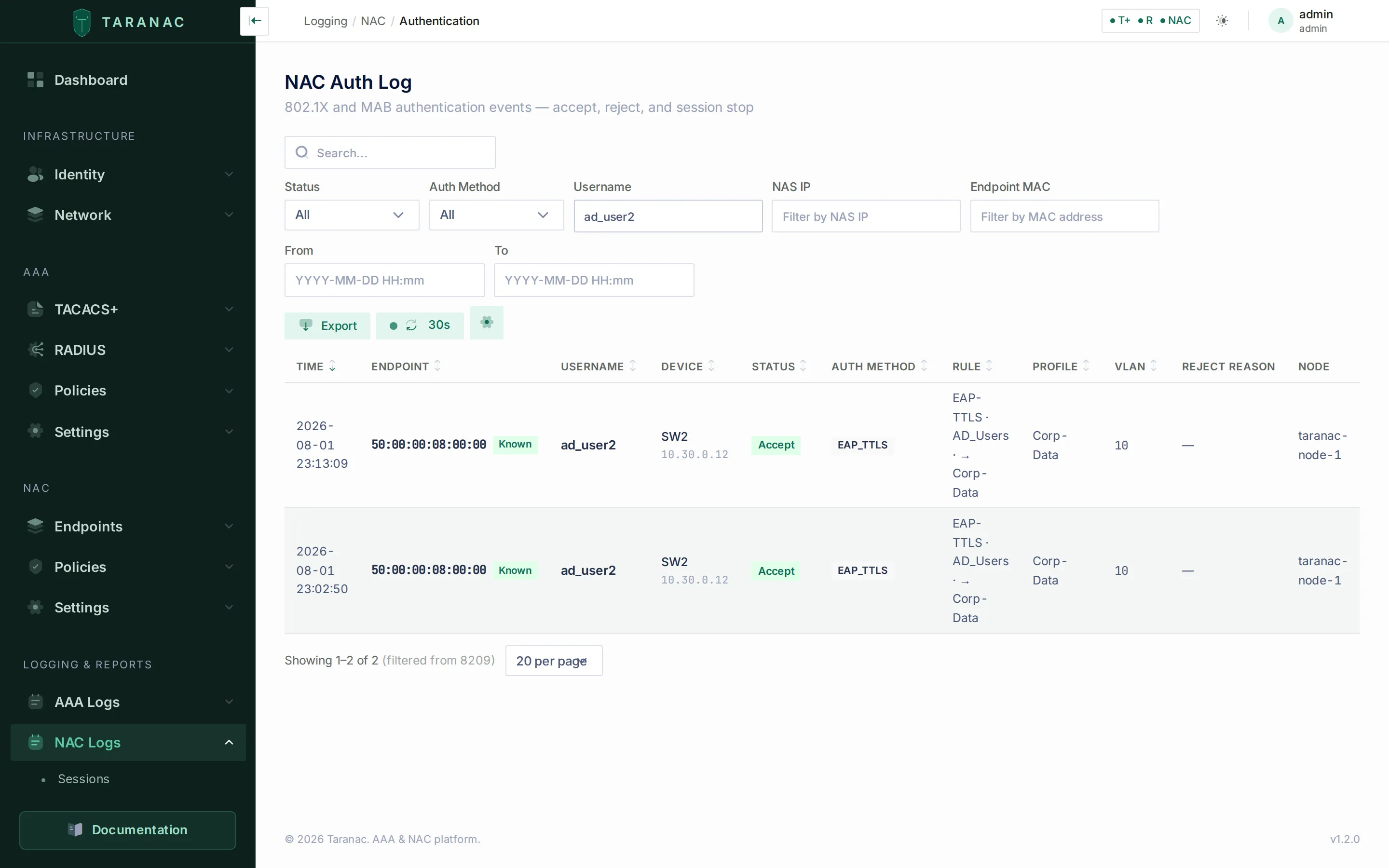 NAC Auth Log showing EAP-TTLS accepts for a directory user