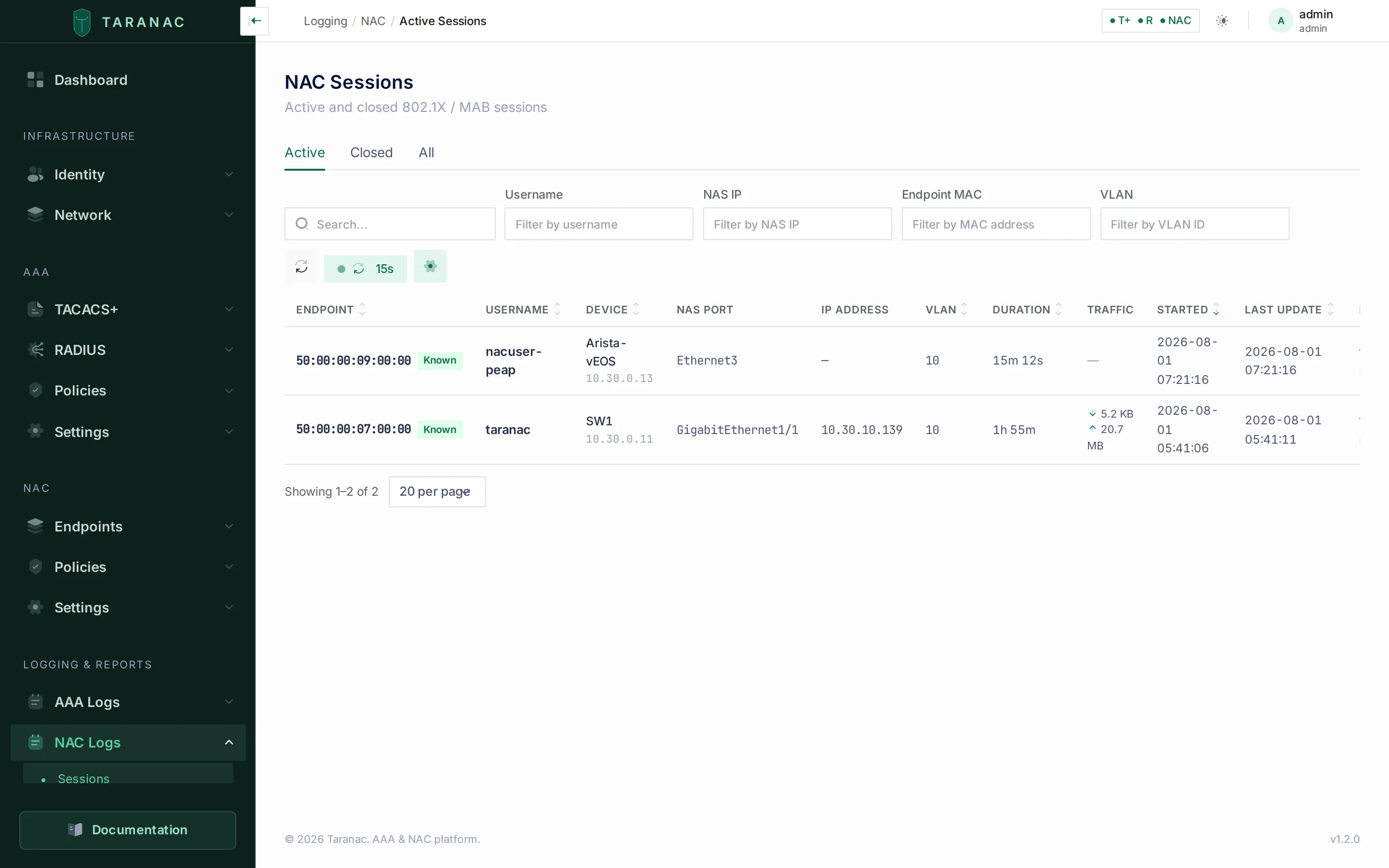 Live RADIUS / NAC sessions view