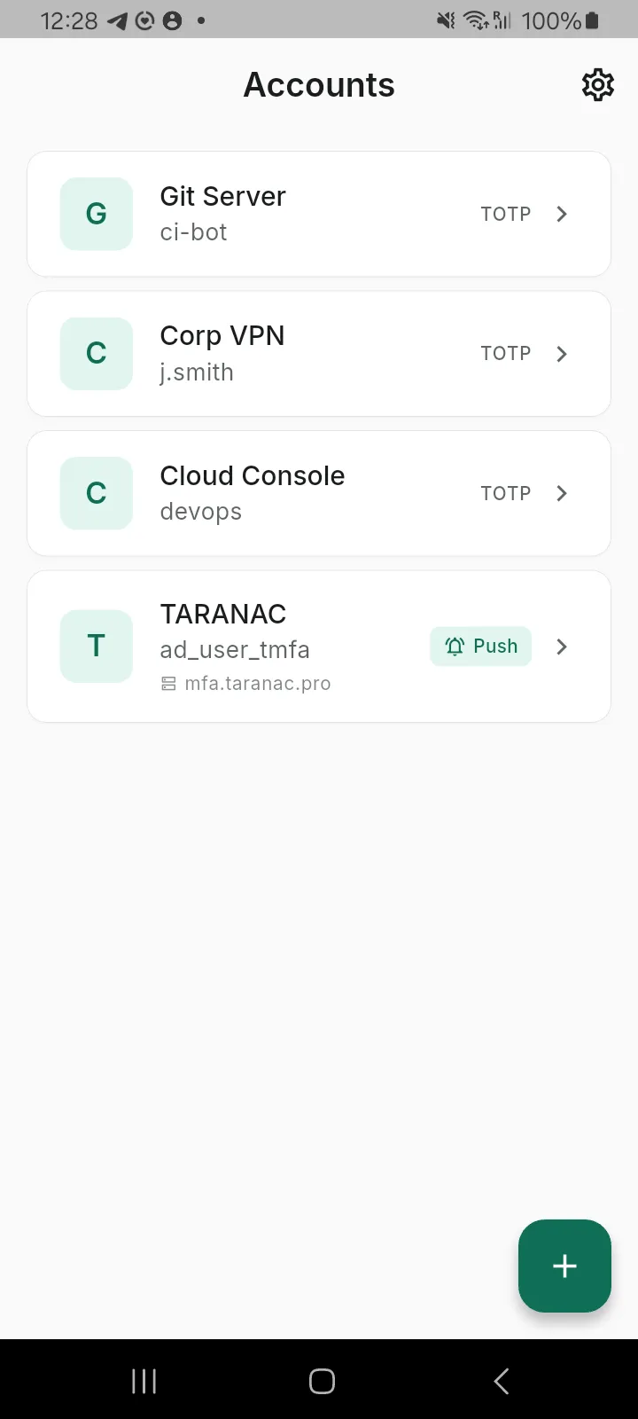 The app's account list: four accounts, three marked TOTP and one marked Push