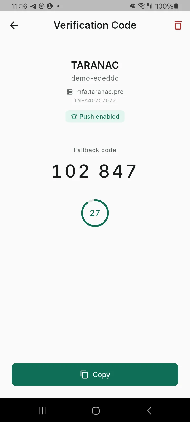 An account's detail screen showing a six-digit fallback code and a countdown ring