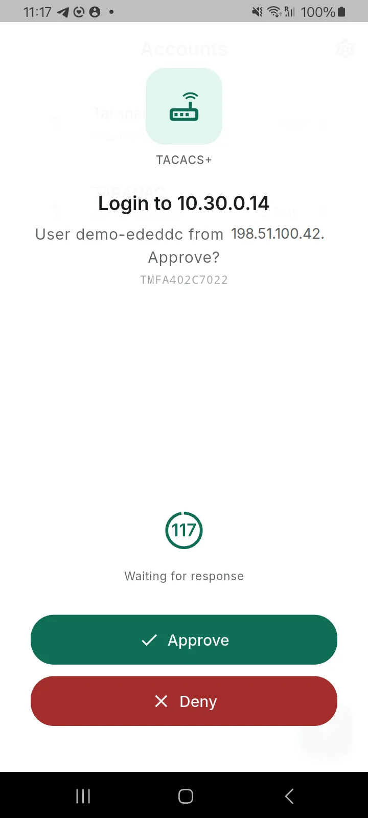 A push challenge showing TACACS+, the target device, the user and the source address, with a countdown