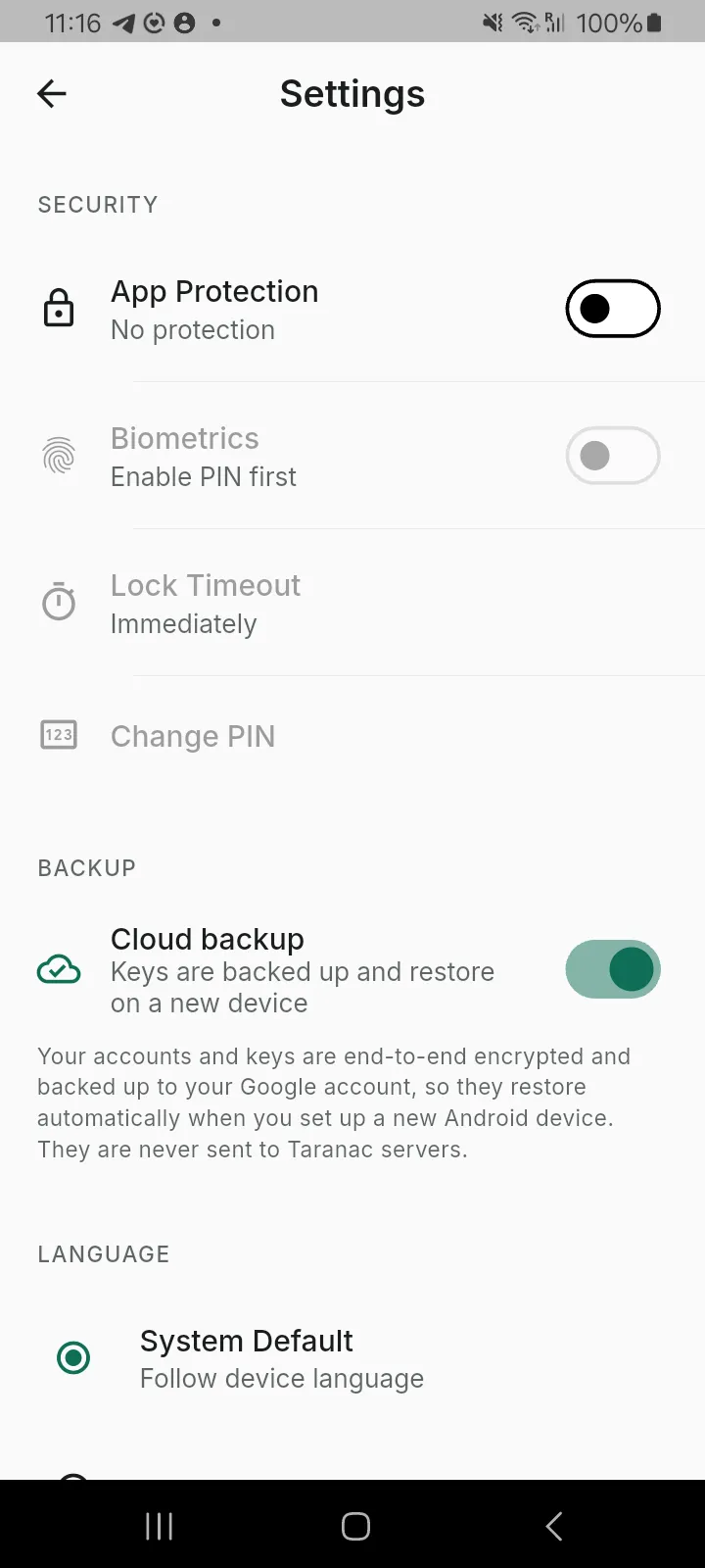 Settings: app protection, biometrics, lock timeout, cloud backup and language