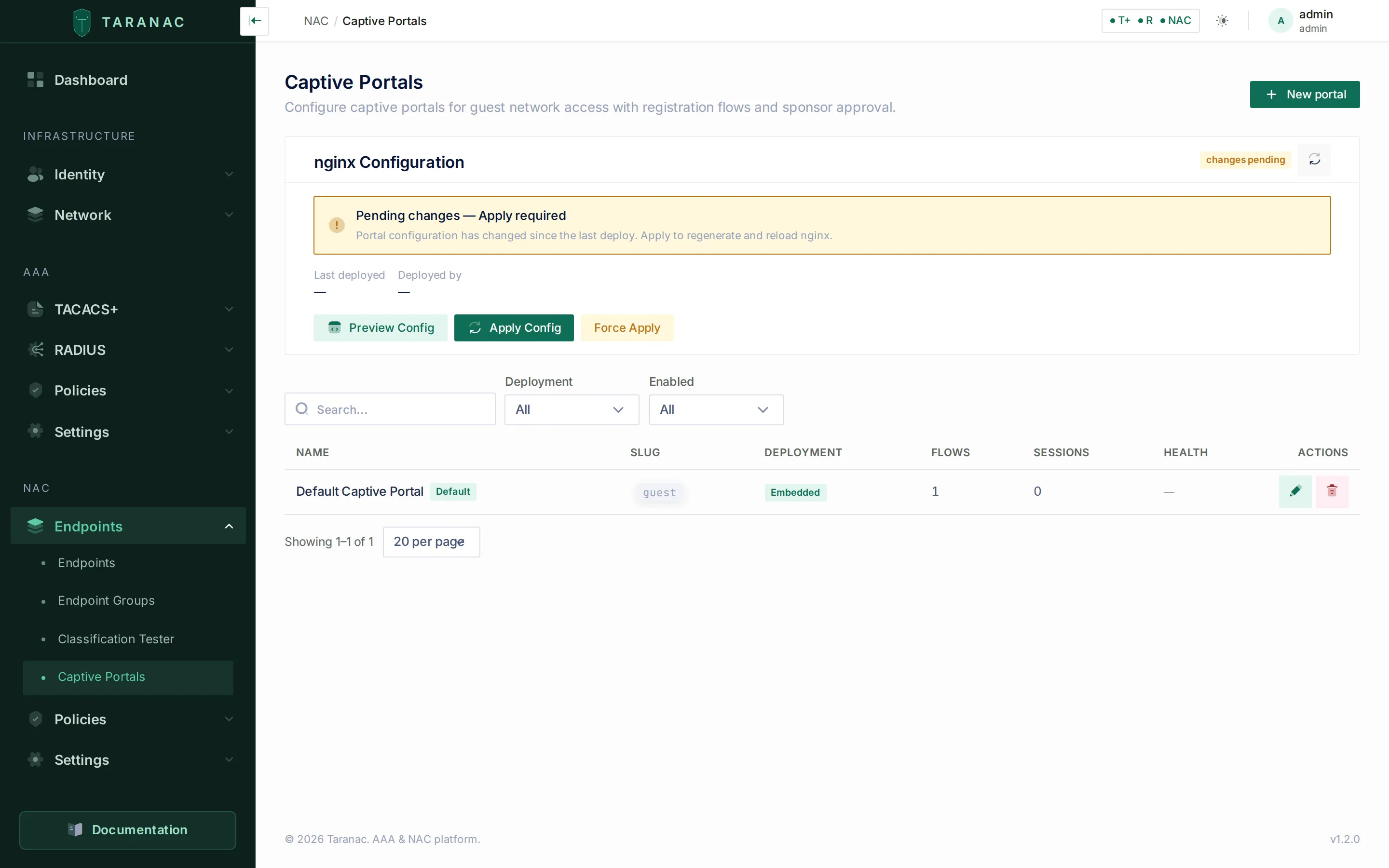 Captive Portals admin page with the nginx configuration panel and portal list