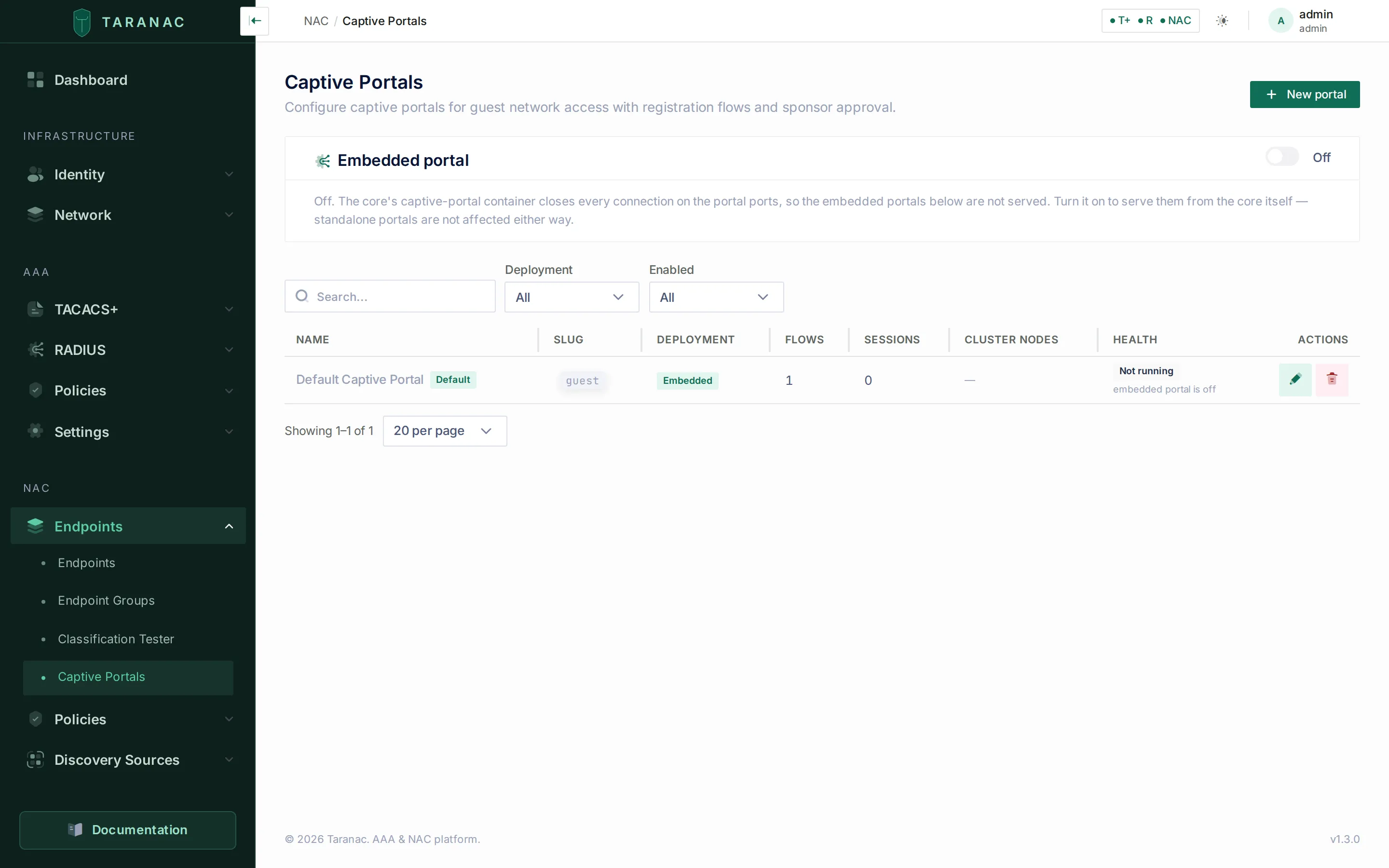 Captive Portals page with the Embedded portal card switched off above the portal table