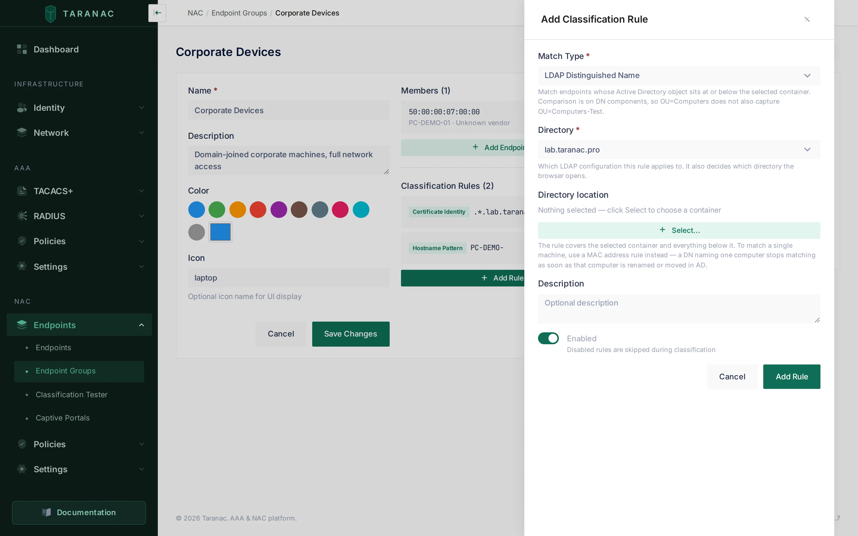 The Add Classification Rule drawer with match type LDAP Distinguished Name, a required Directory select, and a Select button for the container