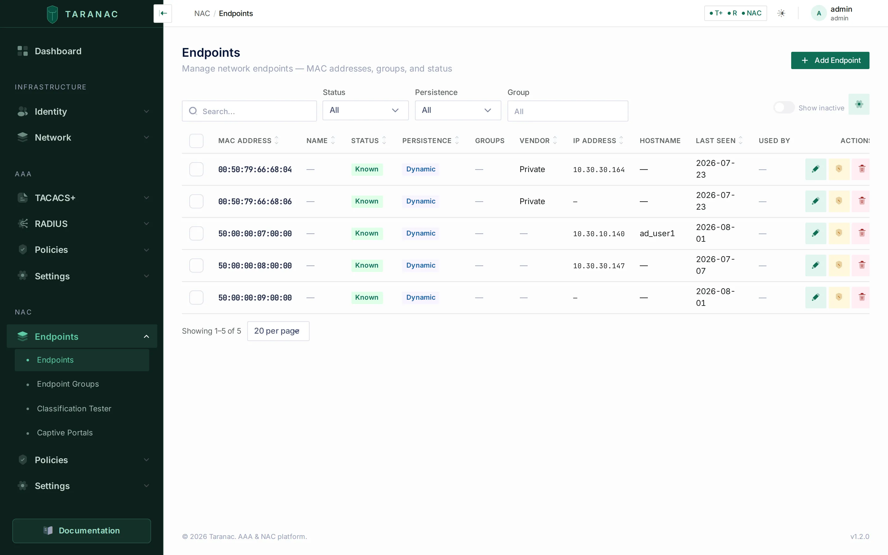 The Endpoints list, showing discovered devices with vendor, status and group columns.